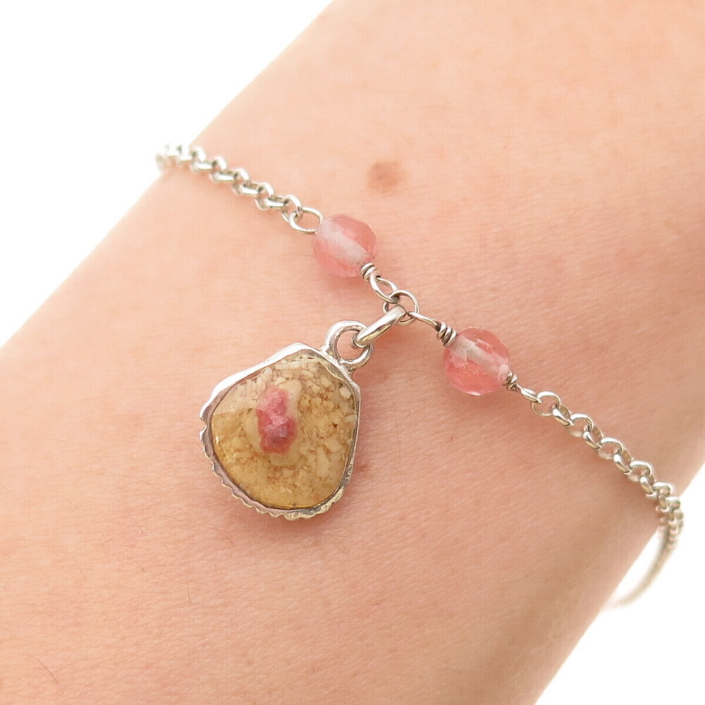 925 Sterling Silver Vintage Real Rose Quartz MOP Inlay Rolo Link Bracelet 6.5-8"